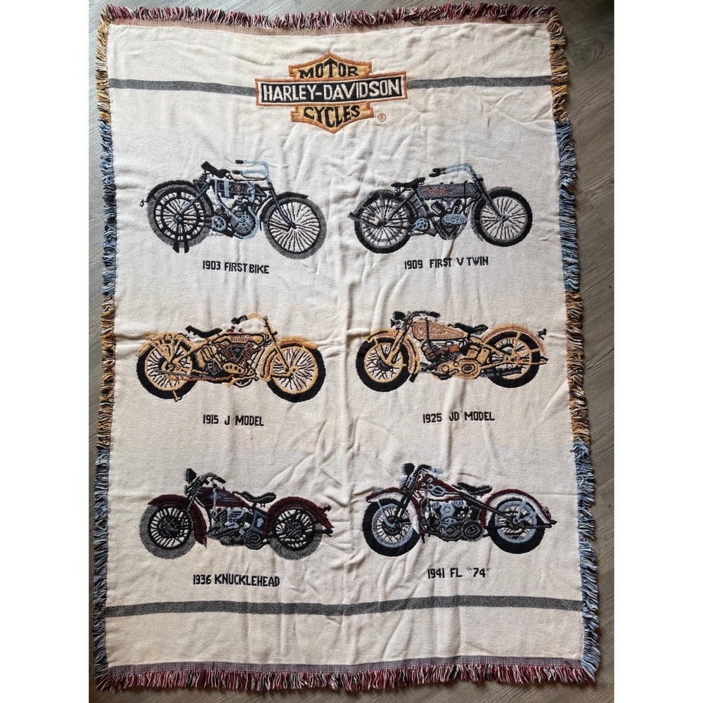 Vtg Harley Davidson Motorcycle Woven Throw Blanket Fringed Tapestry History USA